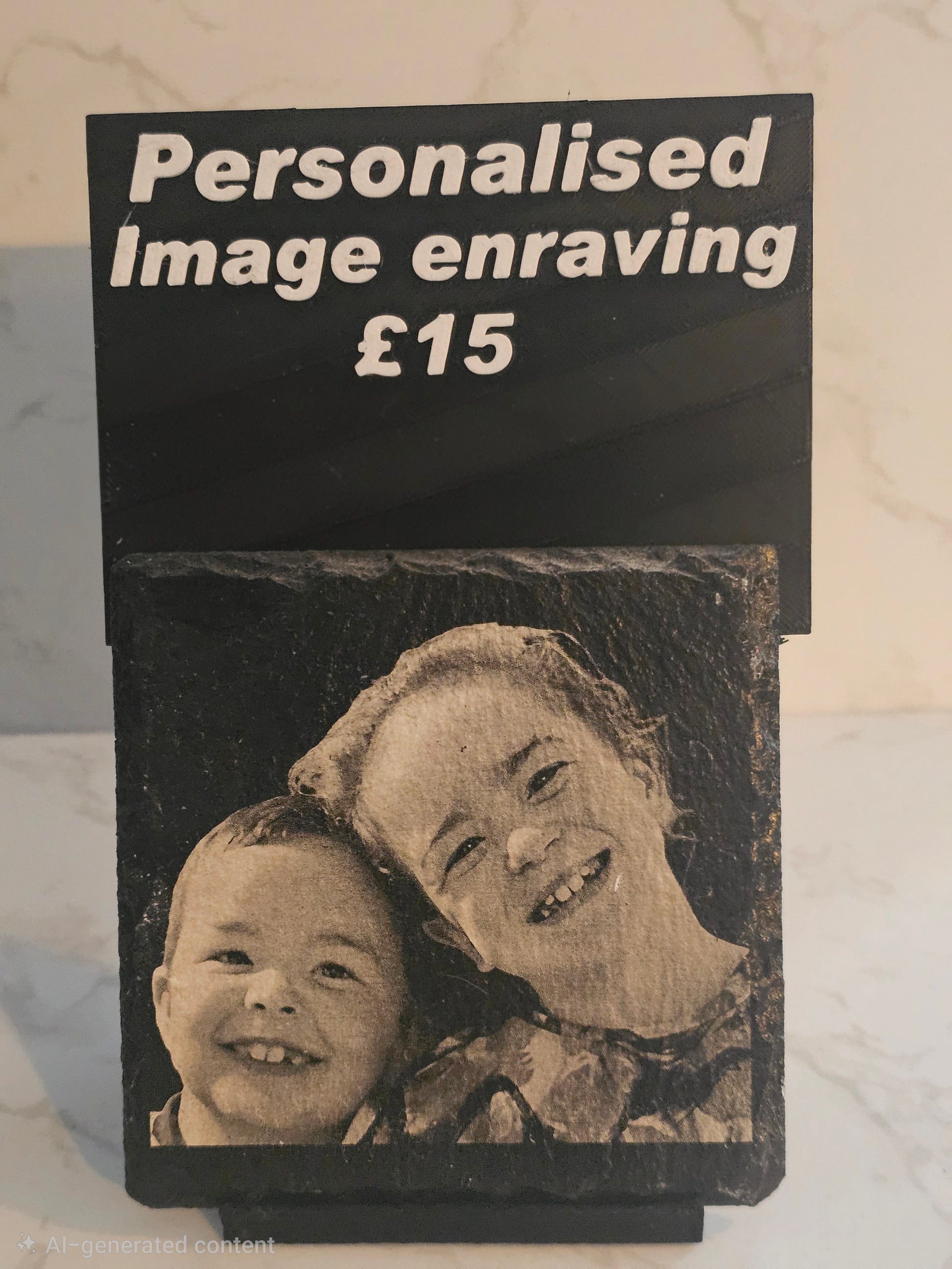 Personalised image engraving product with a photo of two people on a black background.